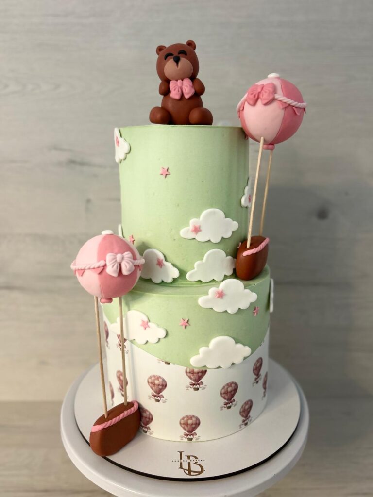 Tarta Primer Cumpleaños Osito y Globos Aerostáticos